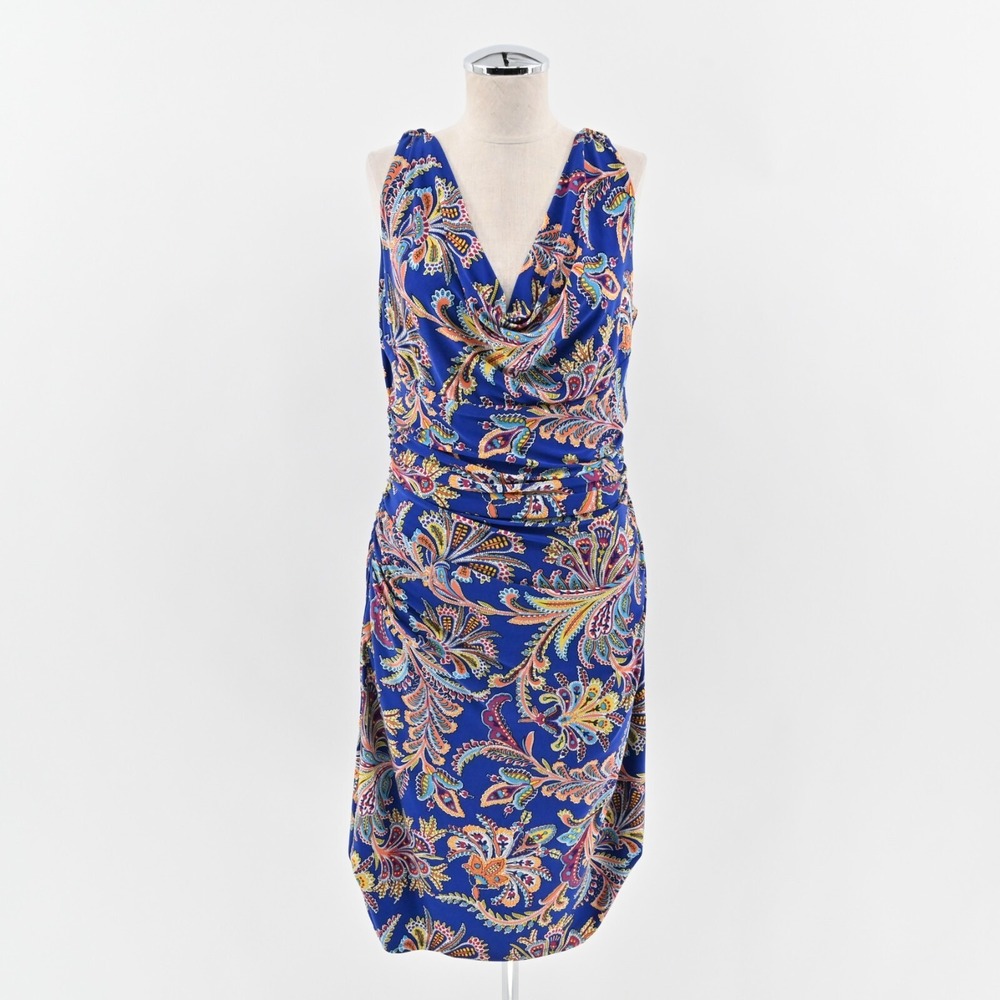 LAUREN RALPH LAUREN Dress Sz 10 Draped Sleeveless Blue Paisley Print Stretch LRL